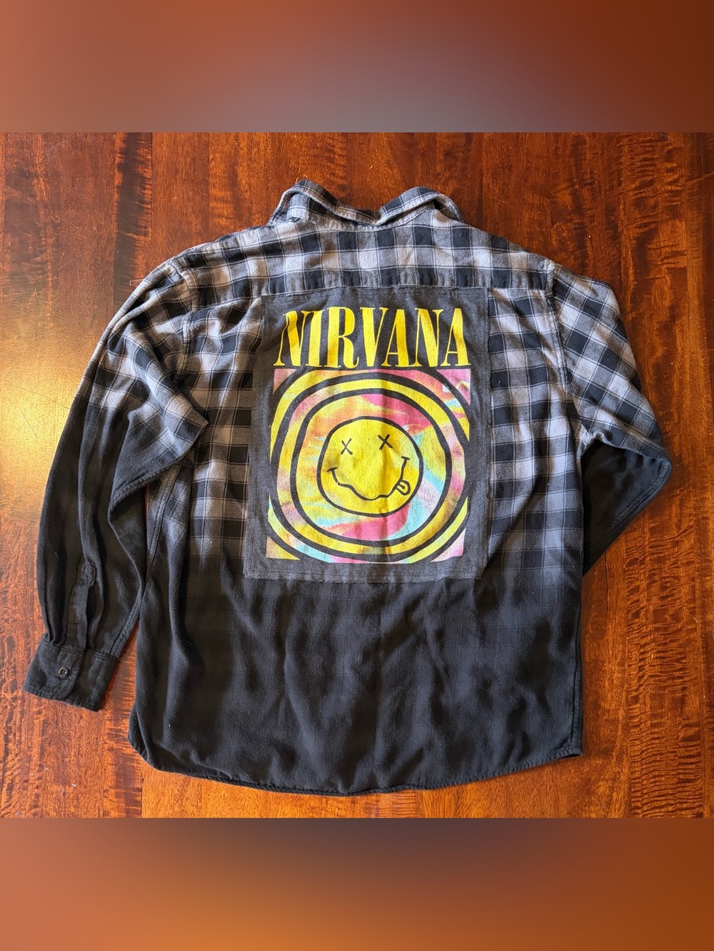 Upcycled Nirvana Smiley Black and Grey Ombré Dip Dyed Flannel Women’s Size Large